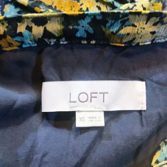 LOFT Floral Midi Shirt Dress Sz XS 0-2 Ruffle Blue Yellow - Picture 10 of 10